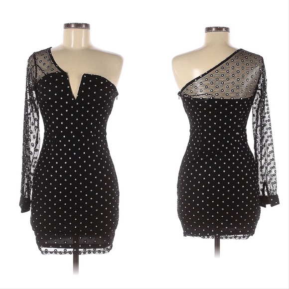Boohoo Nights Polka Dot One Shoulder Cocktail Dress Silver Black 6 - Picture 1 of 8
